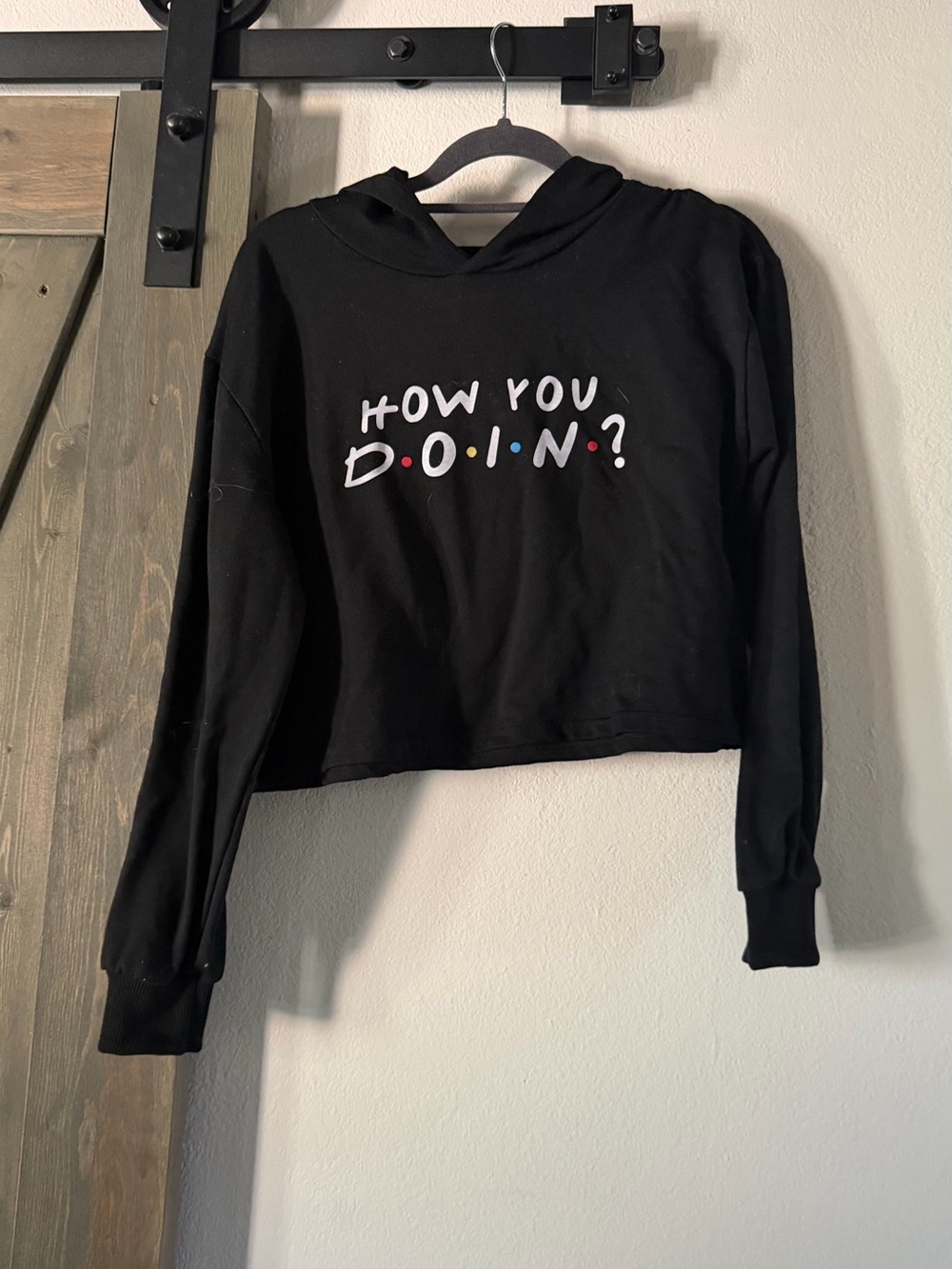 Friends Black Cropped Hoodie with "How You Doin?" Graphic
